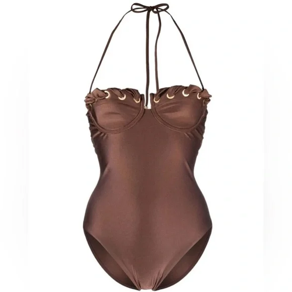 ZIMMERMANN Devi eyelet-embellished cutout underwired halterneck swimsuit sz 1 - Picture 2 of 11